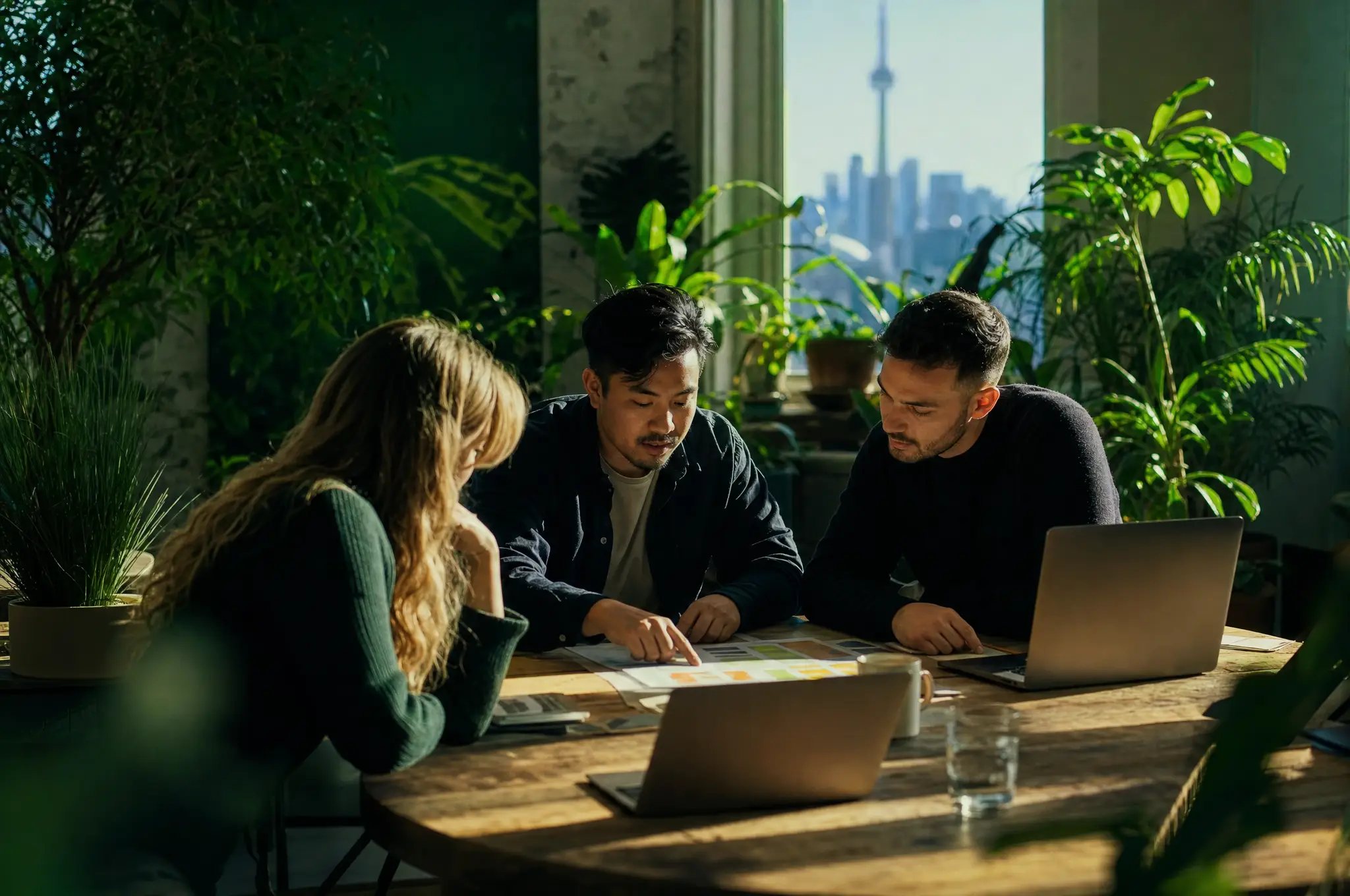 A small team working around a long table in a plant-filled Toronto studio