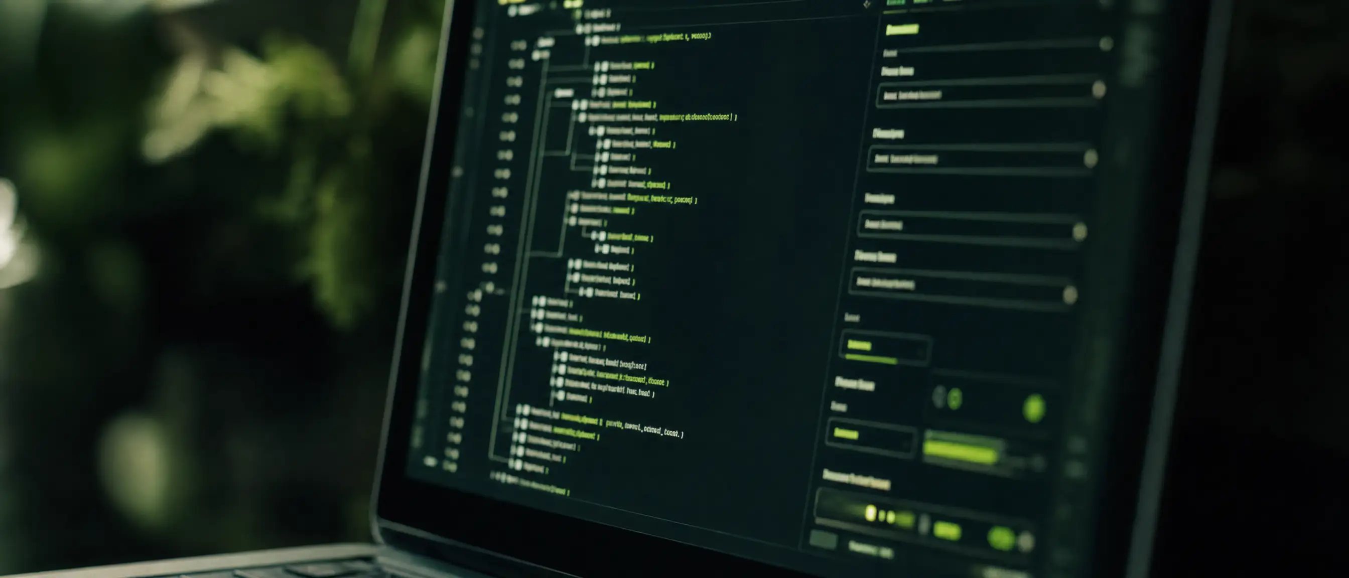 A laptop screen showing a structured tree of code and labelled form fields