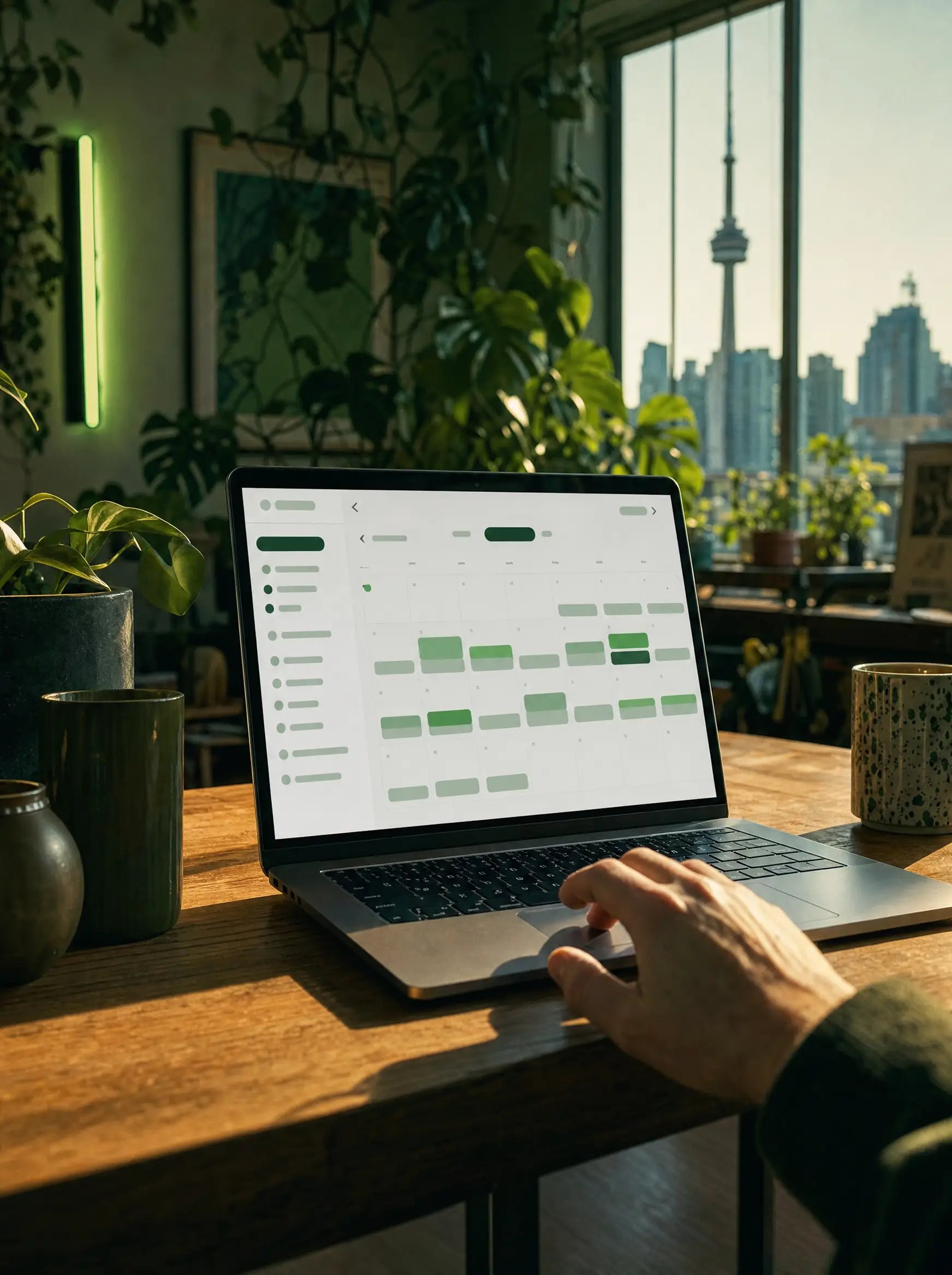 A laptop showing a booking calendar in a plant-filled Toronto studio