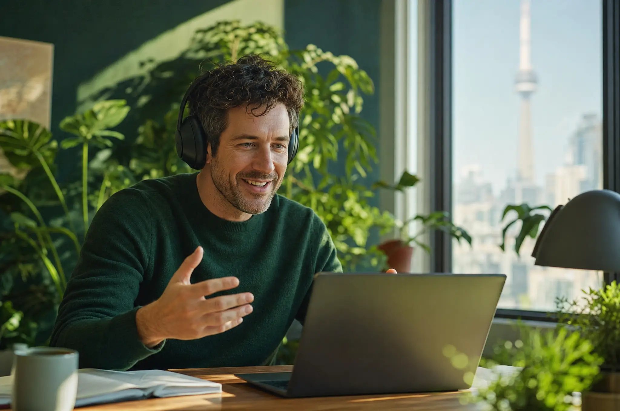 A consultant on a video call at a bright Toronto studio desk