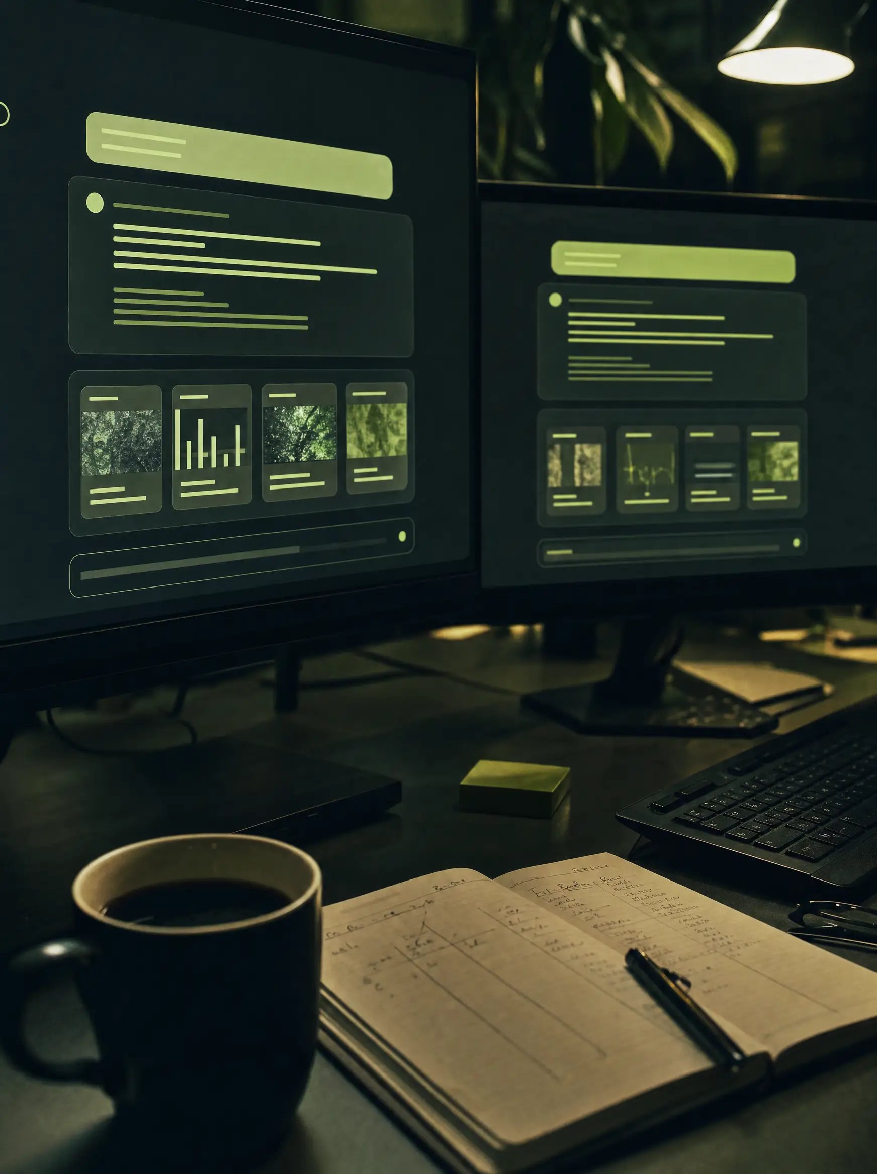 An analyst's desk at night with two screens of AI answers and a notebook of scores