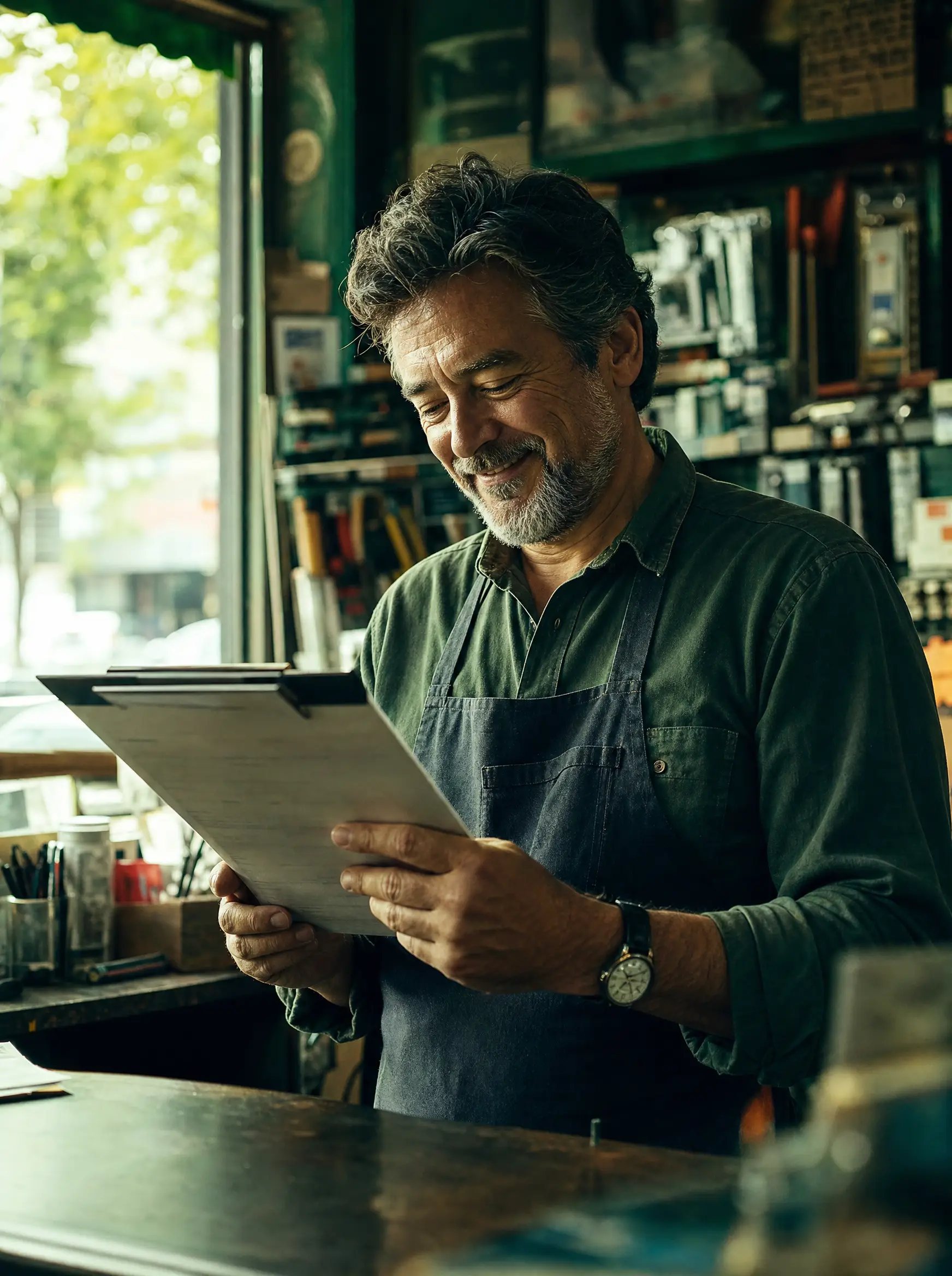 A shop owner reading a printed report at his counter