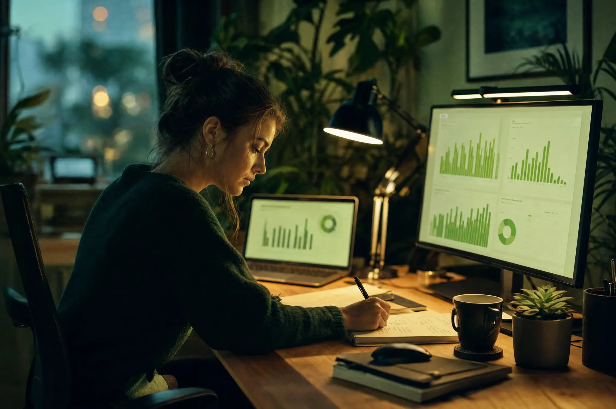 An analyst at a desk with two screens of advertising dashboards