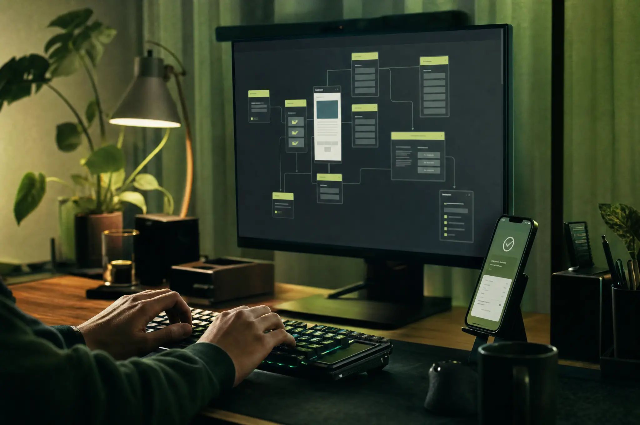 A developer's desk with a monitor showing a structured tree of labelled page elements