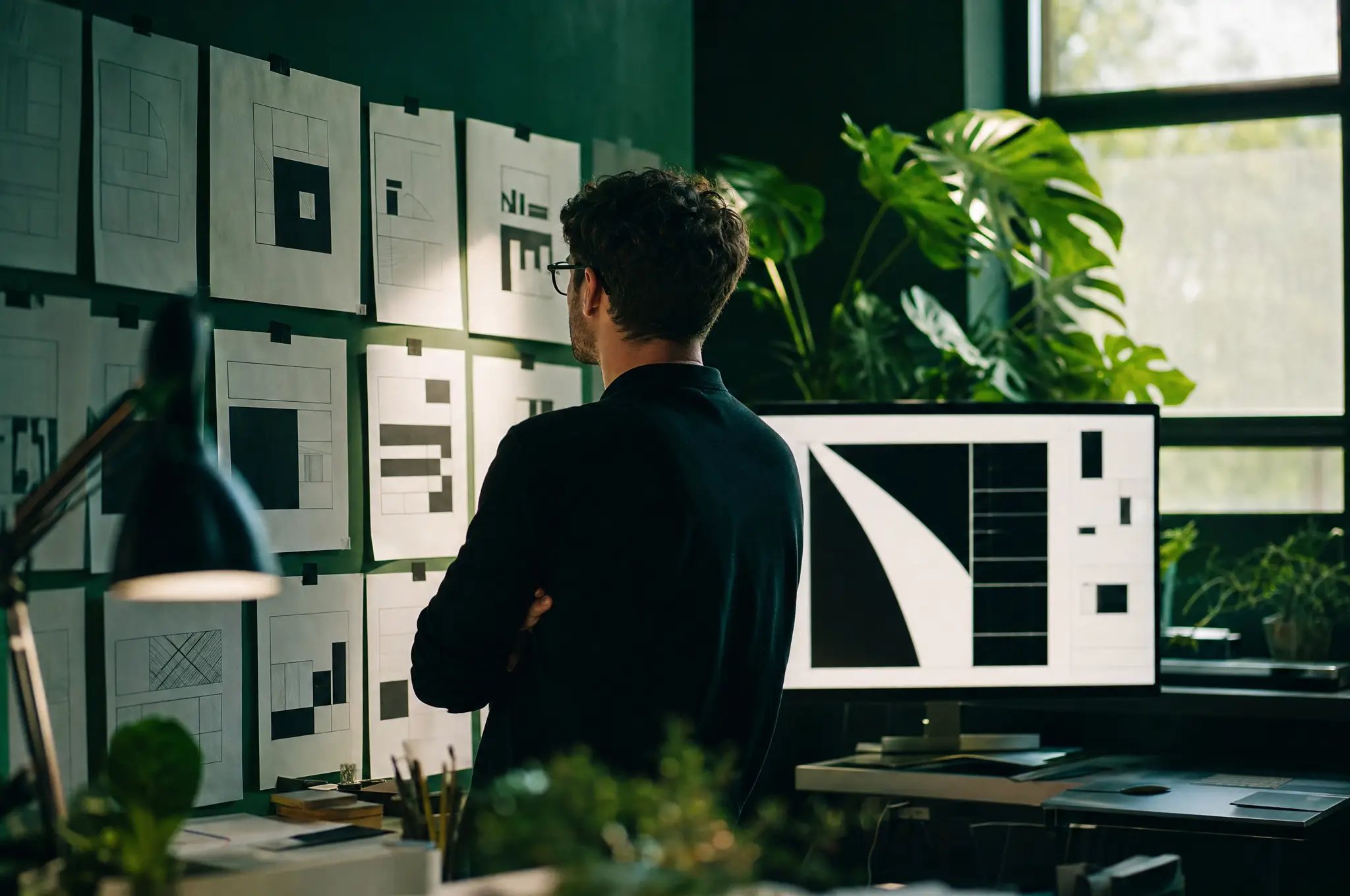 A designer reviewing printed wireframes beside a monitor showing a bold website