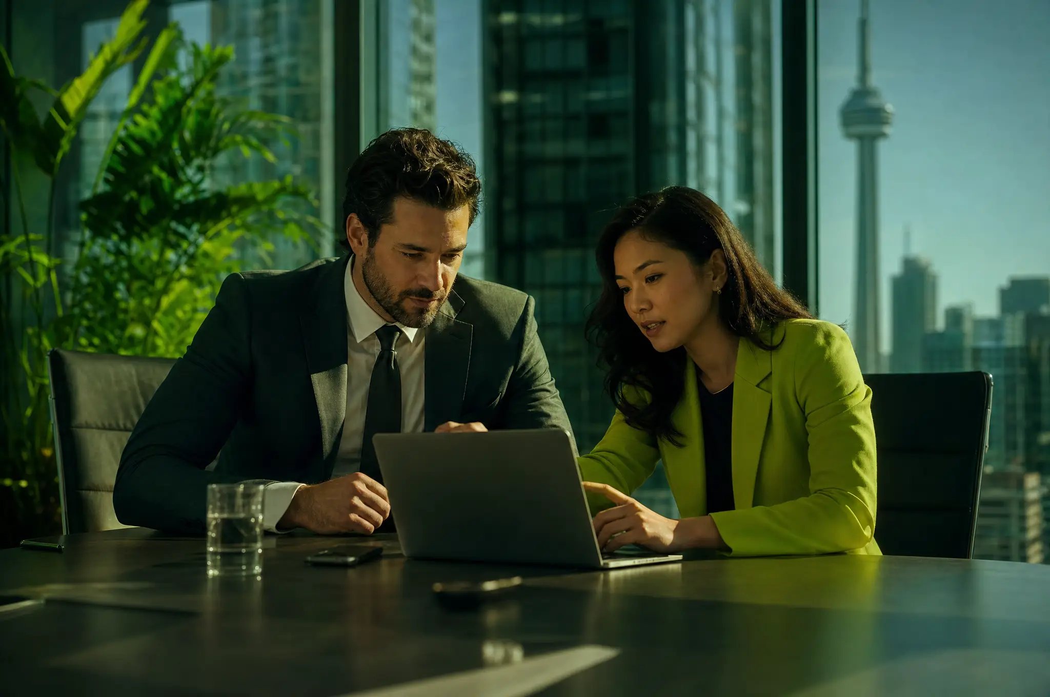 Two colleagues reviewing a laptop in a Toronto boardroom