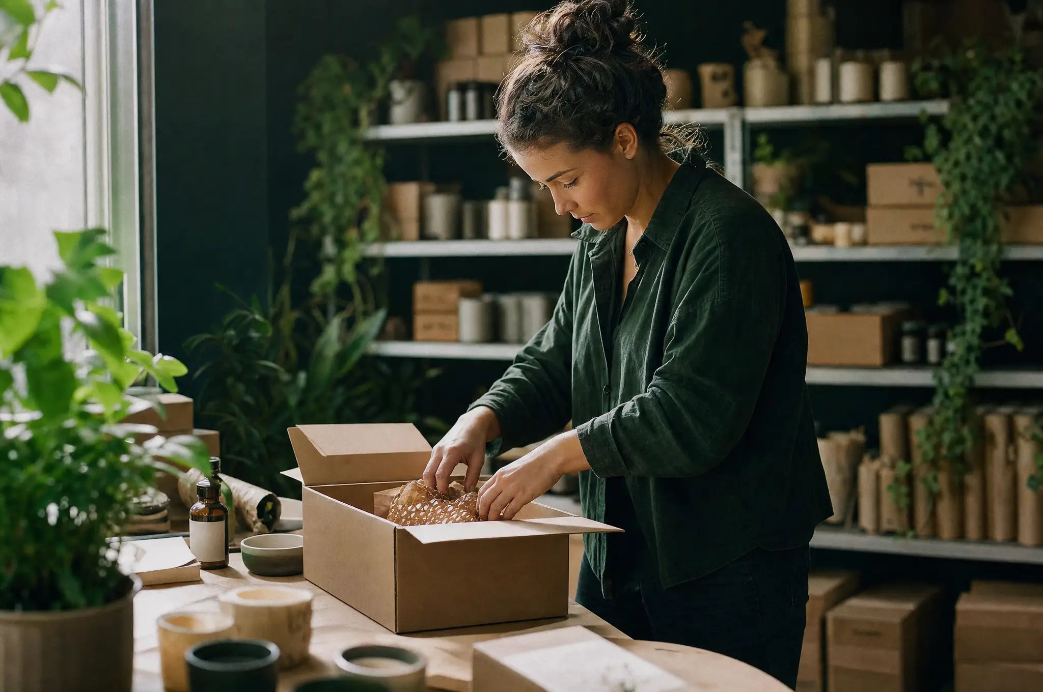 A small-business owner packing an order at a studio bench
