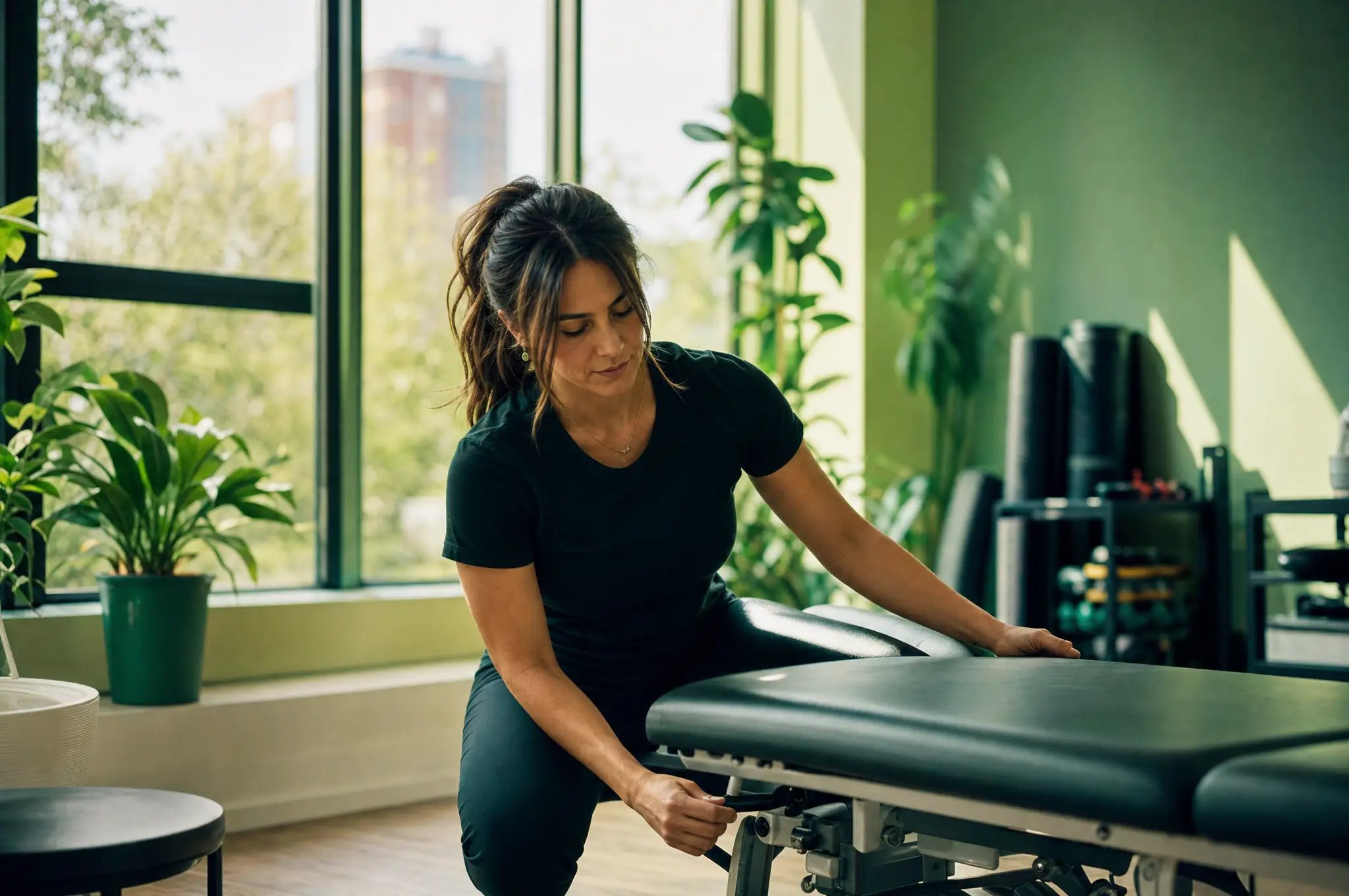 A physiotherapist adjusting a treatment table in a bright clinic